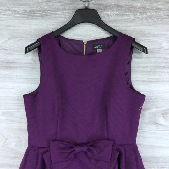 Tahari Sleeveless Fit & Flare Bow Waist Plum Dress Size 10 - Picture 6 of 10